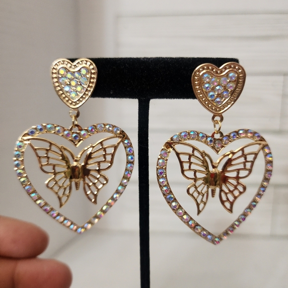 Gold Heart Earrings with AB Crystals and Butterfly - Picture 1 of 6